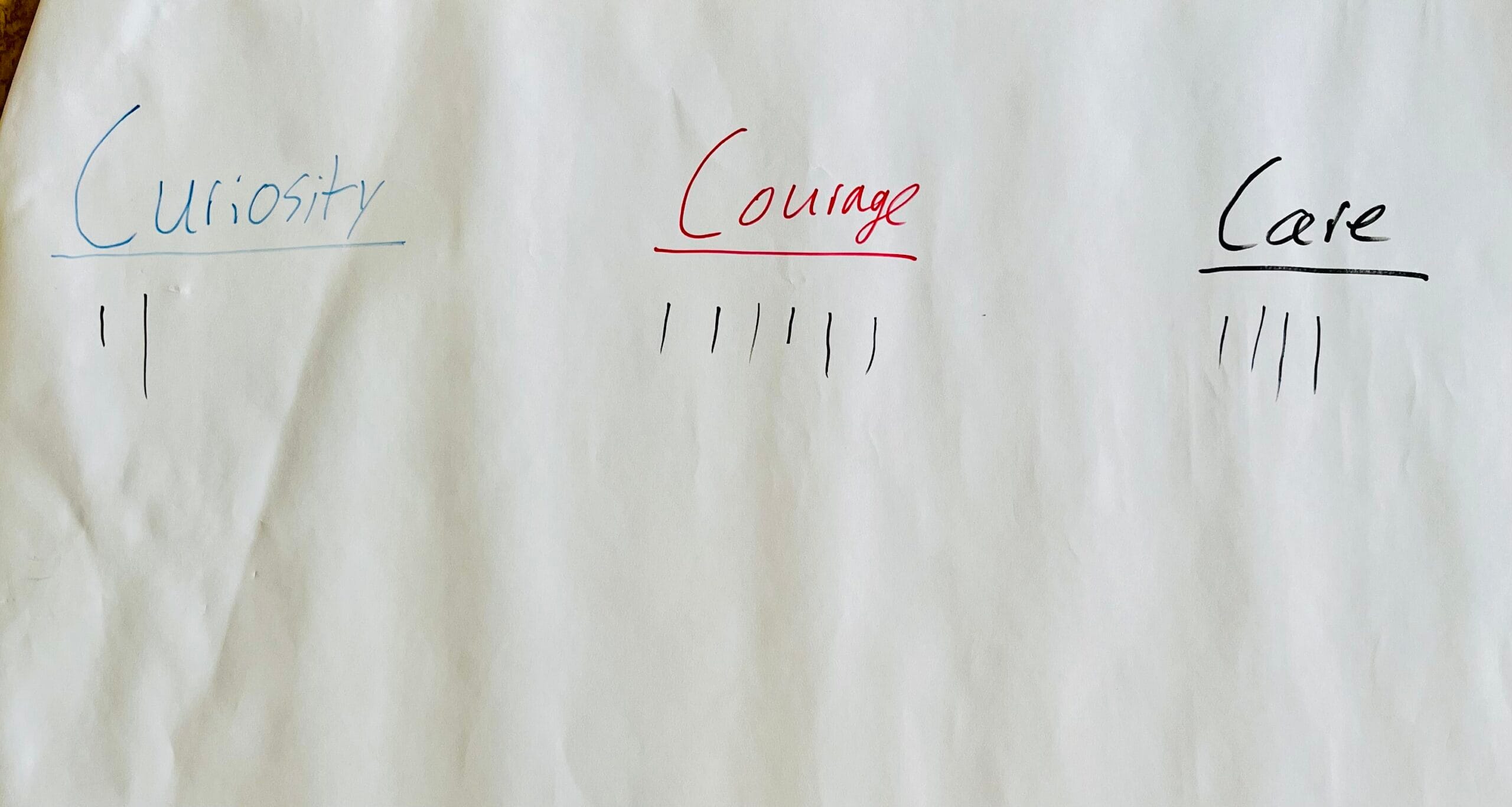 Flip chart with tally marks under Curiosity, Courage, and Care headings from a team's 3C Team Map activity